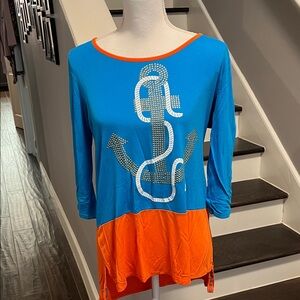 Antthony Blue and Orange Nautical Long Sleeve Top. Sz. M Accents in Gold